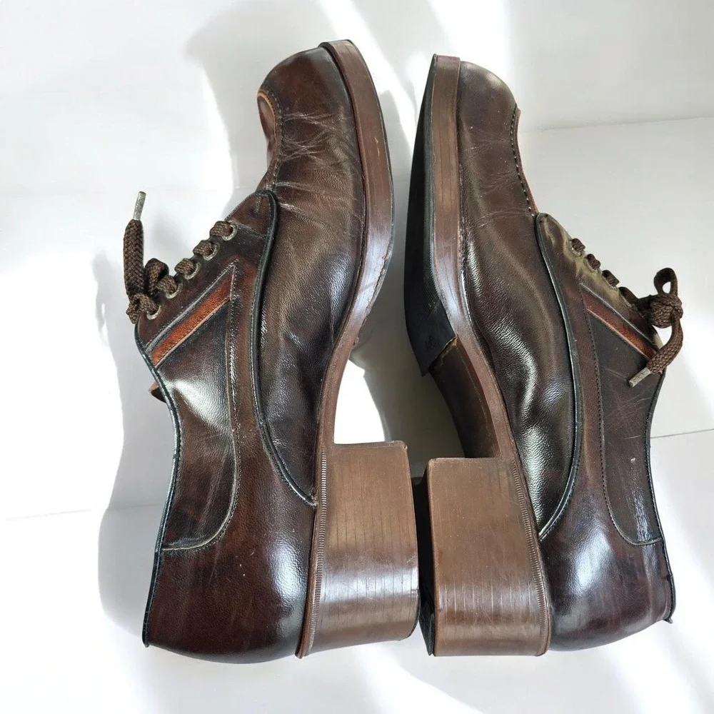 VTG 70s Pellet France Men Shoes 9.5 Brown Leather Lace Up Block Cuban Heel Disco